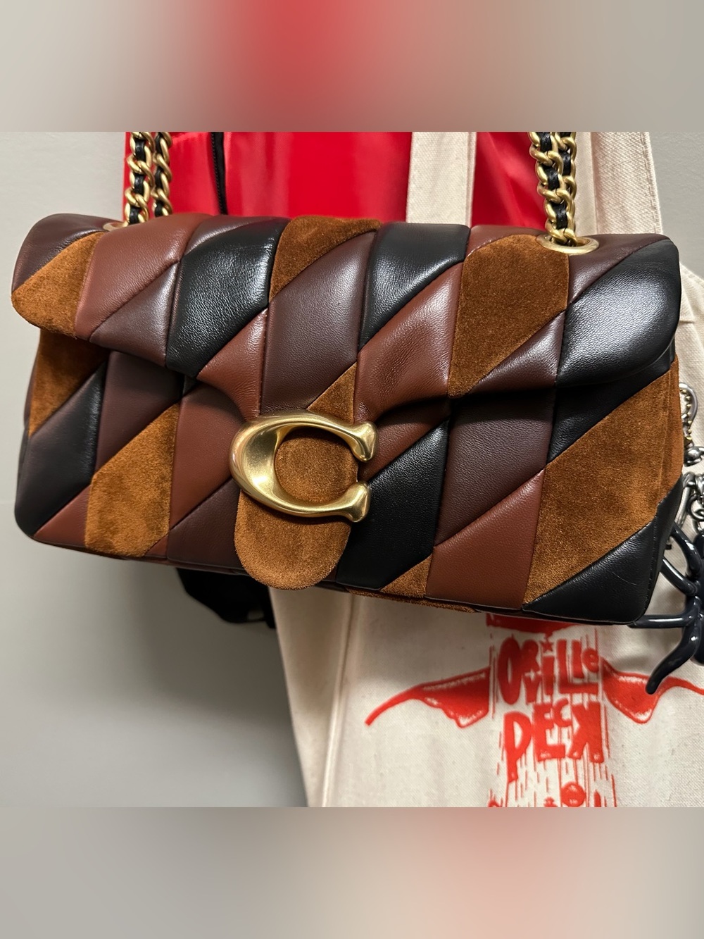 Coach Quilted Patchwork Shoulder Bag in Brown, Black and Tan